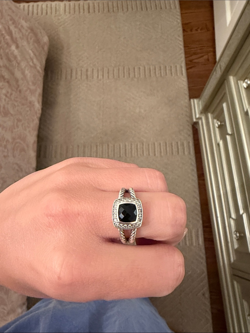 David Yurman Silver Ring with Black Cushion Gem and Pavé Halo